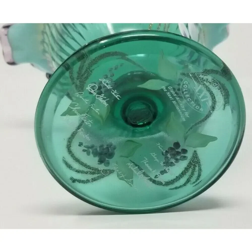 Fenton Glass New Century XXI Spruce Green Purple Dragonfly Basket Signed